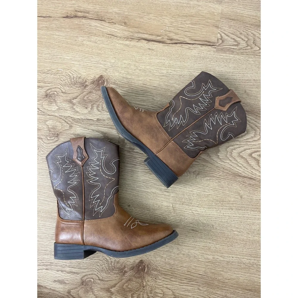 Wonder Nation Western Cowboy Boots Kids Size 1 Brown Contrast Stitch Square Toe